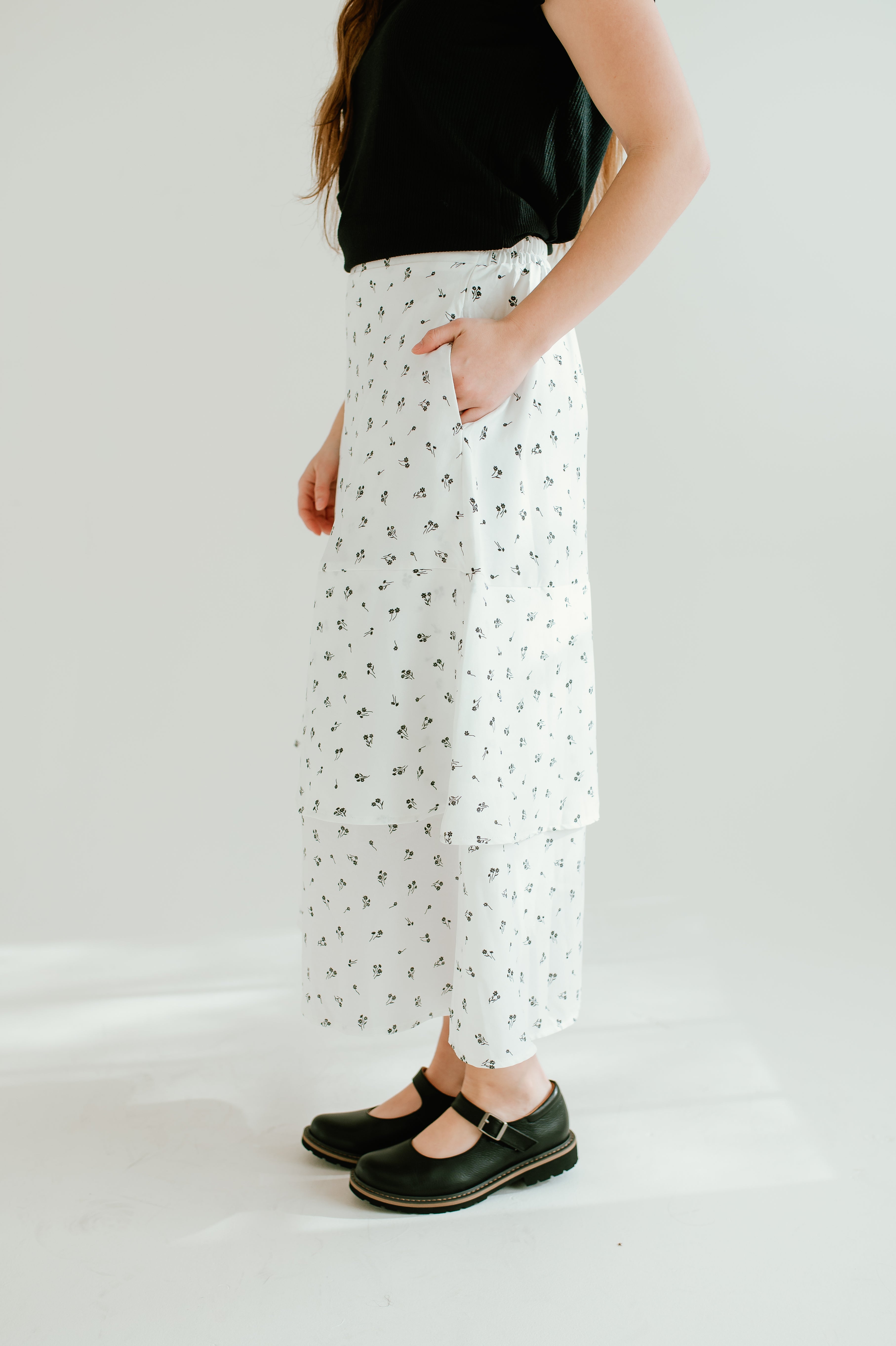 white floral tiered midi skirt