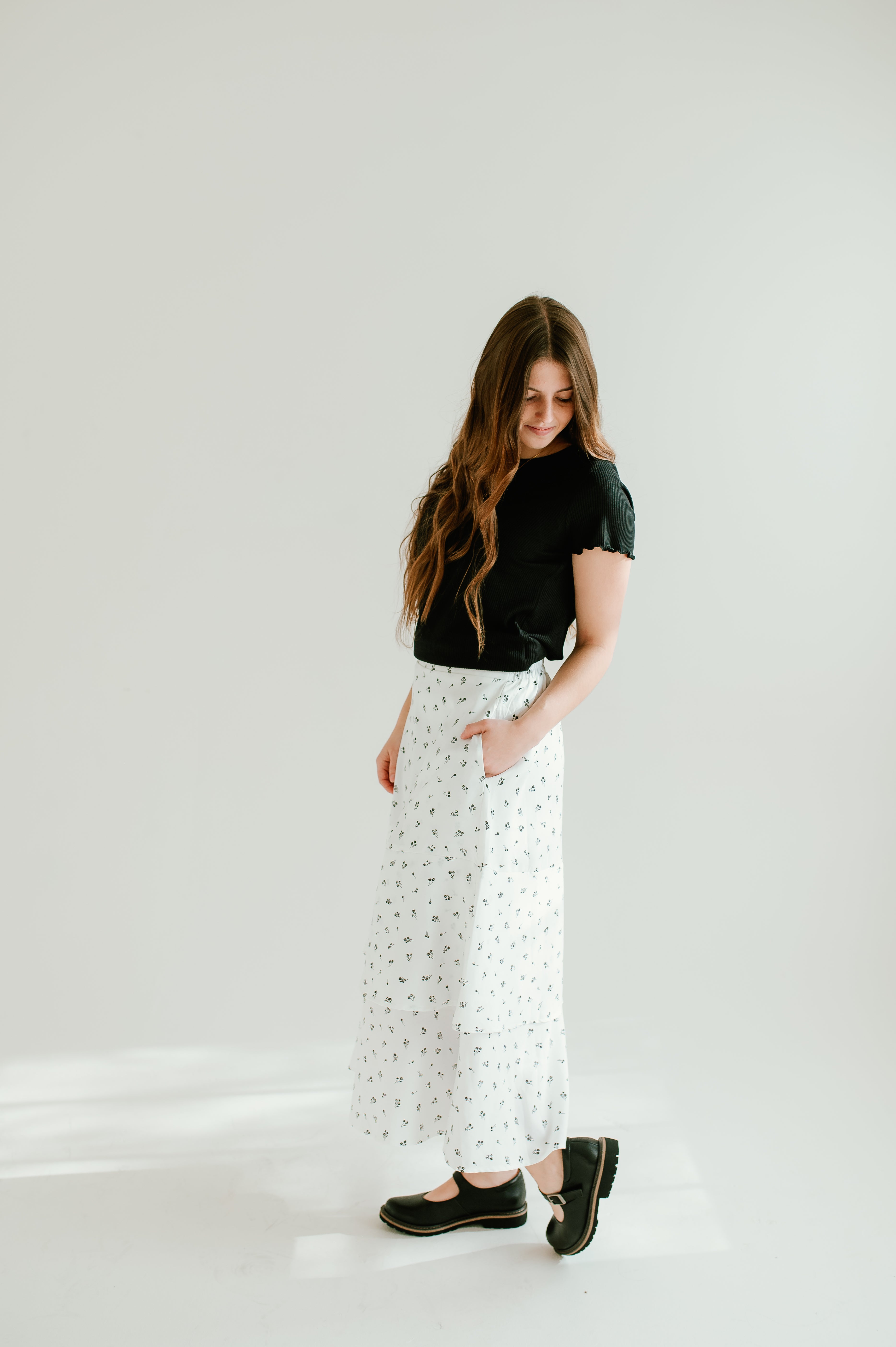 white floral tiered midi skirt