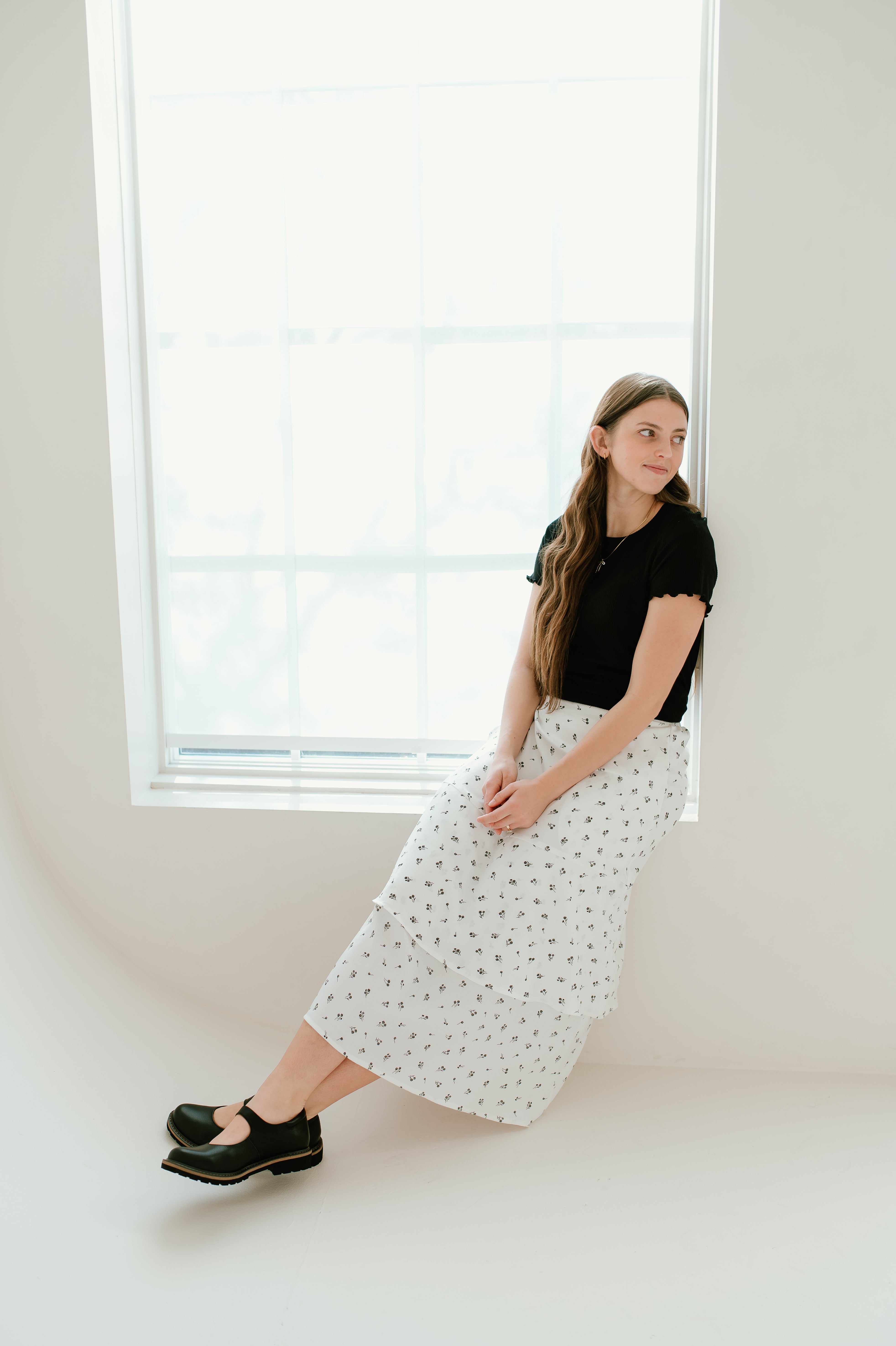 white floral tiered midi skirt