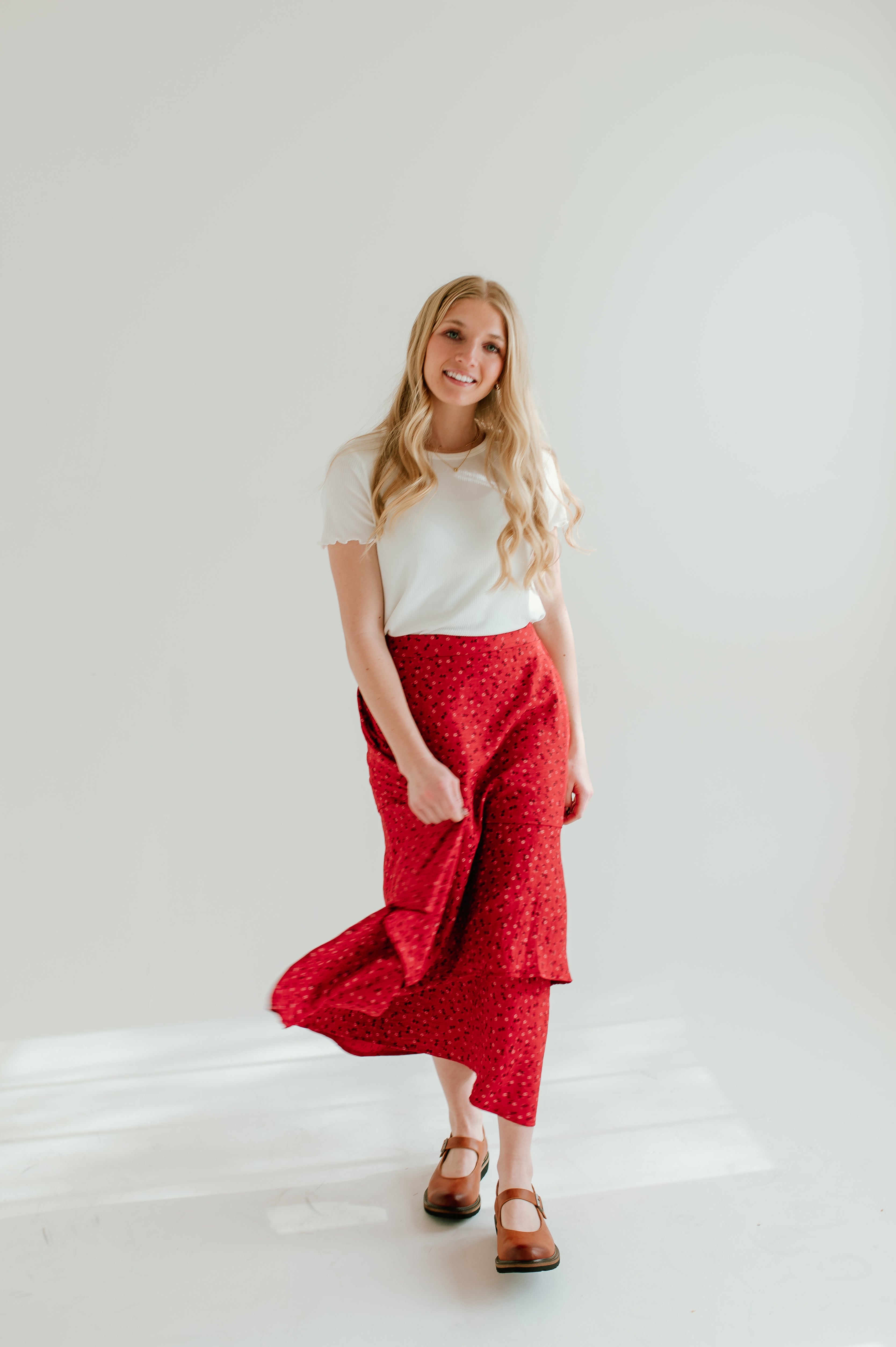 red floral tiered midi skirt