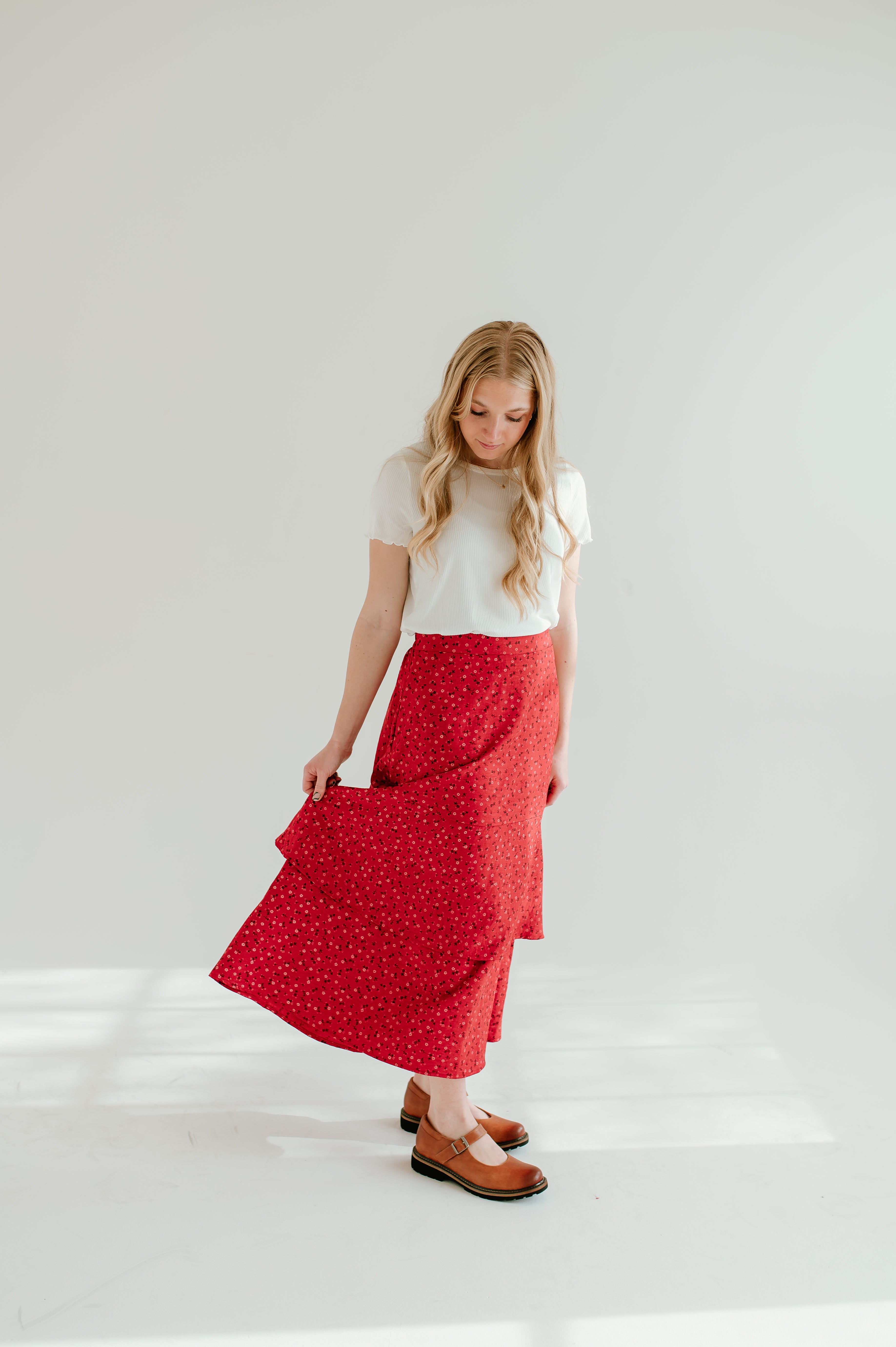 red floral tiered midi skirt