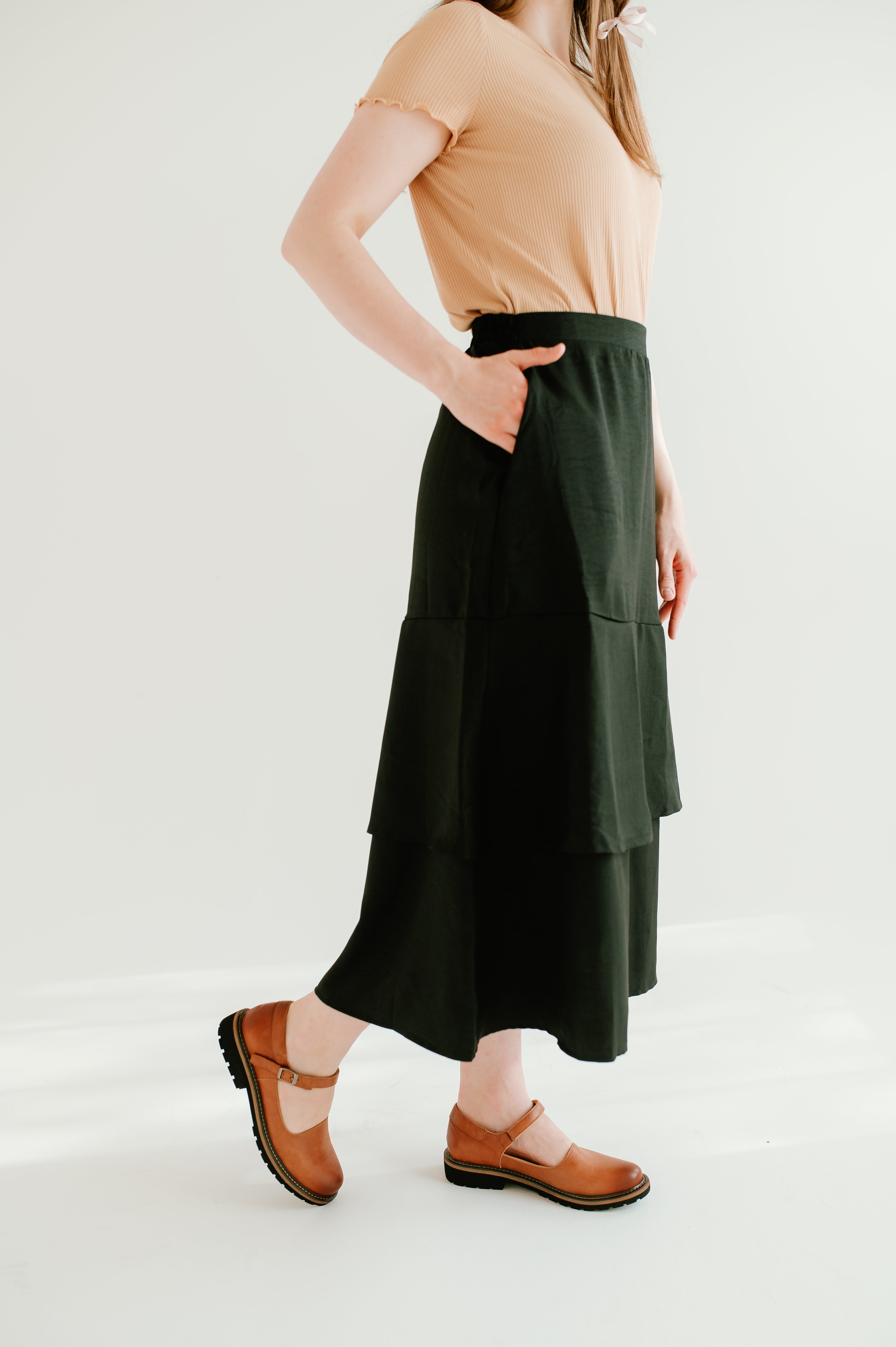 black tiered midi skirt