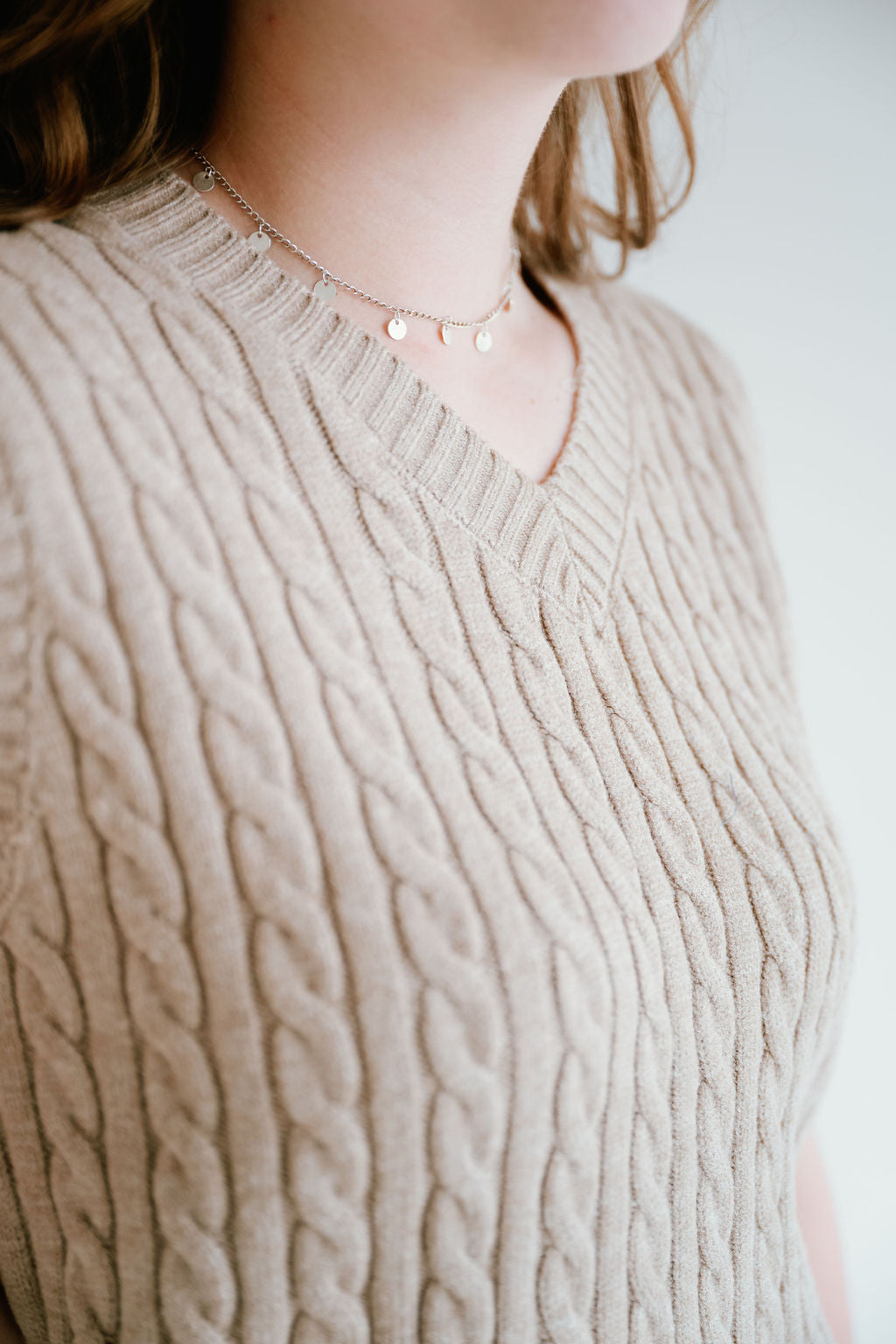 tan cable knit short sleeve top