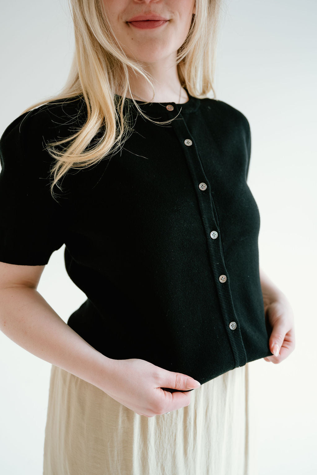 black puff sleeve button up top
