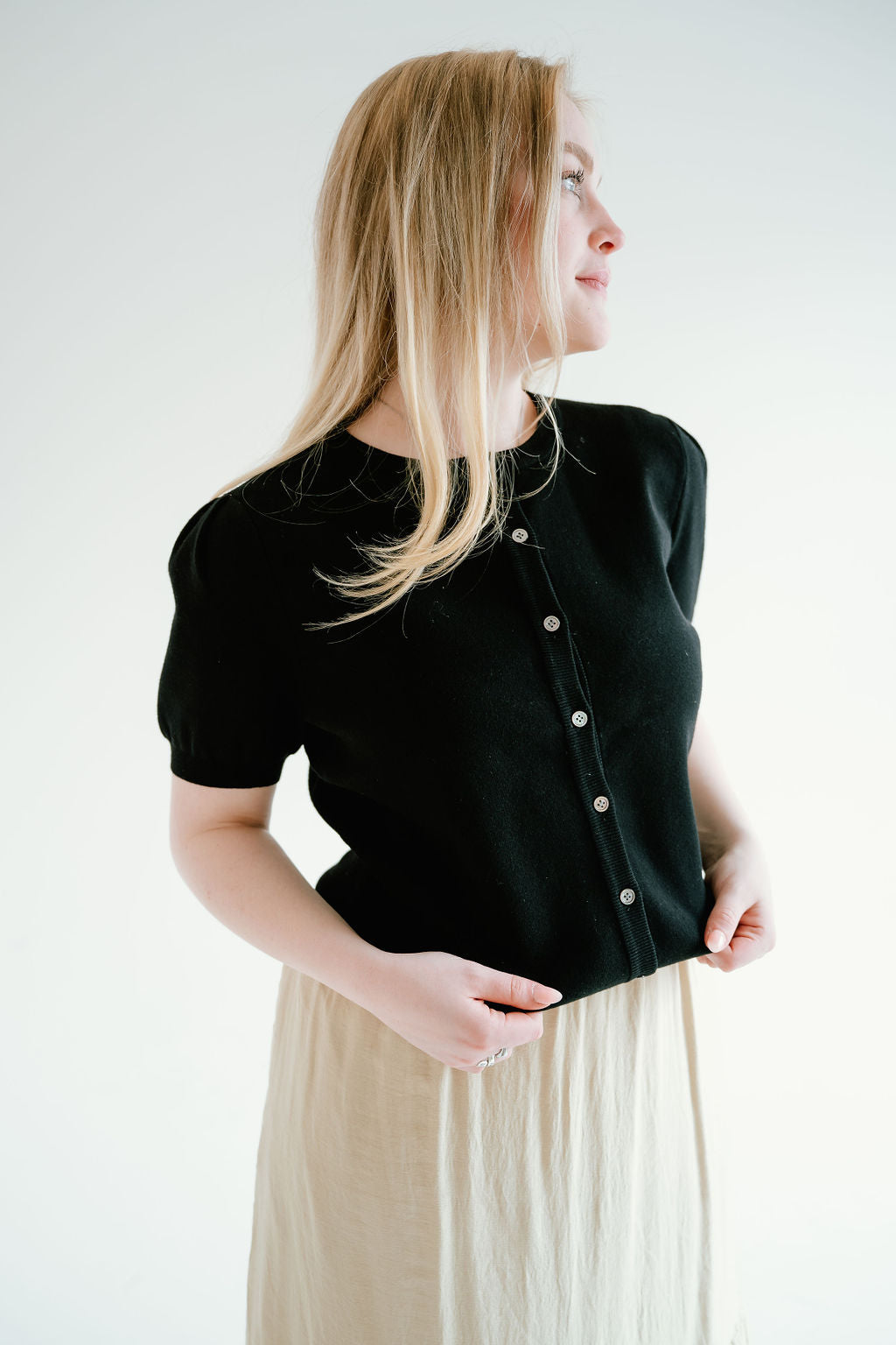 black puff sleeve button up top