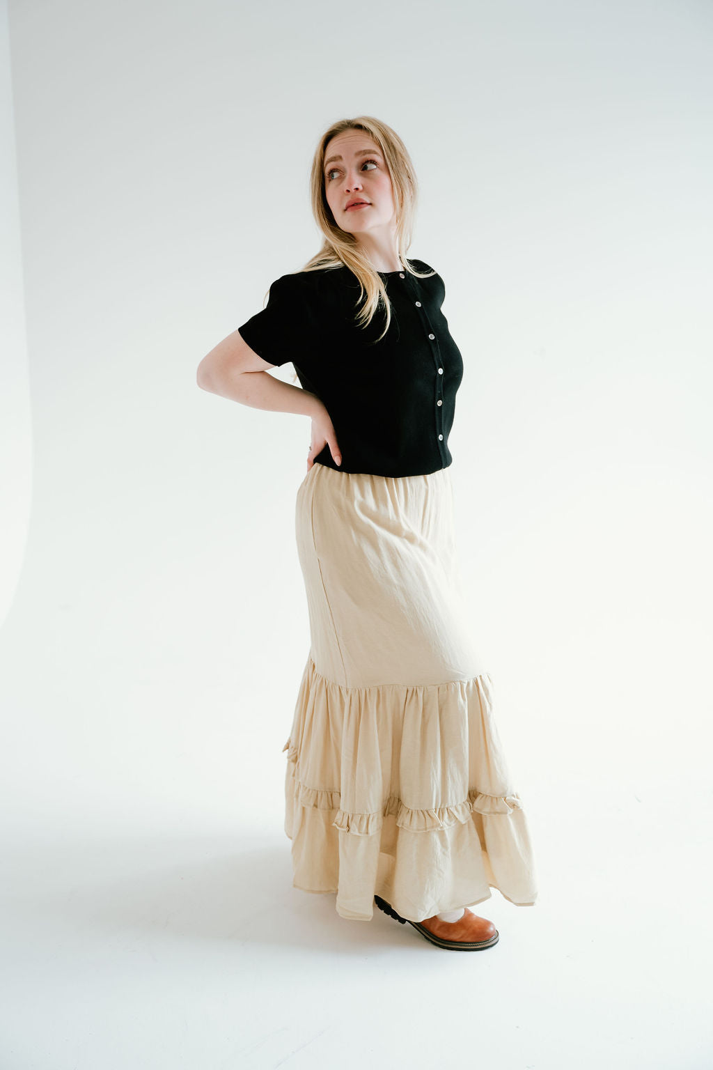 black puff sleeve button up top