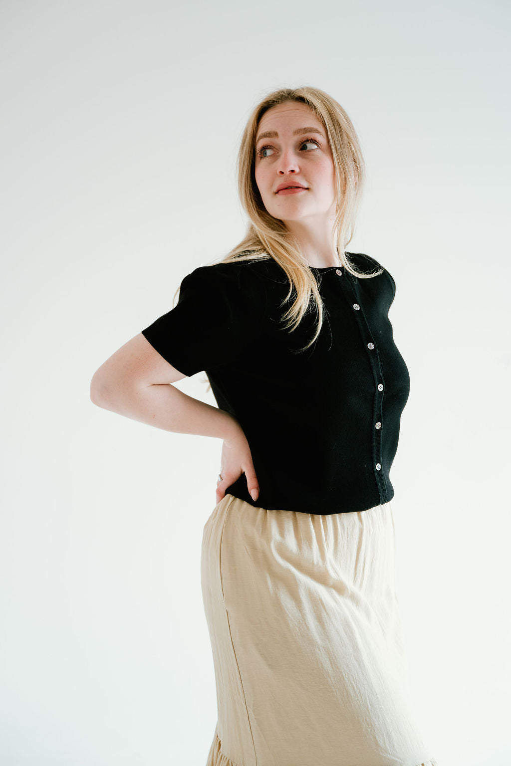 black puff sleeve button up top