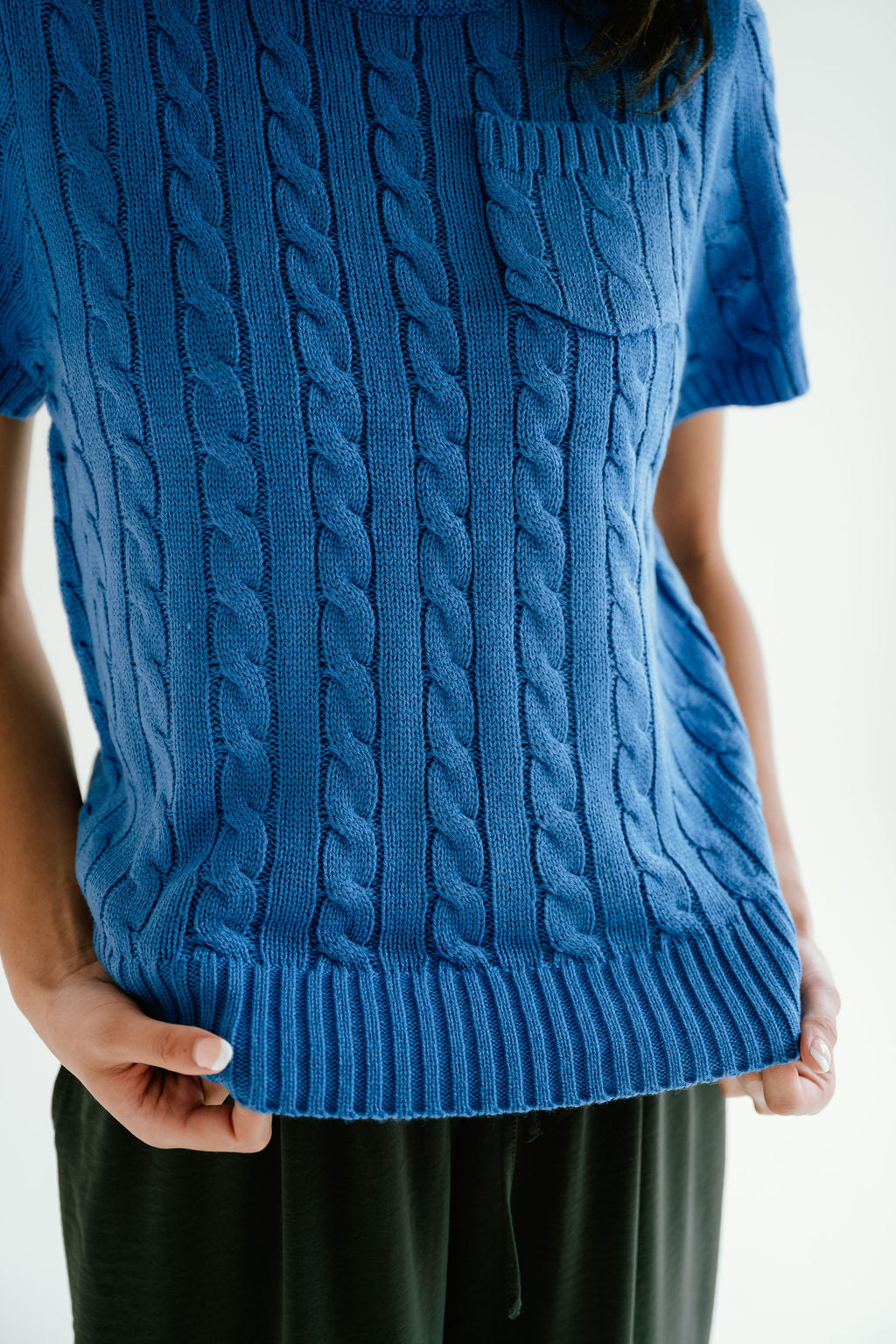 blue cable knit short sleeve top