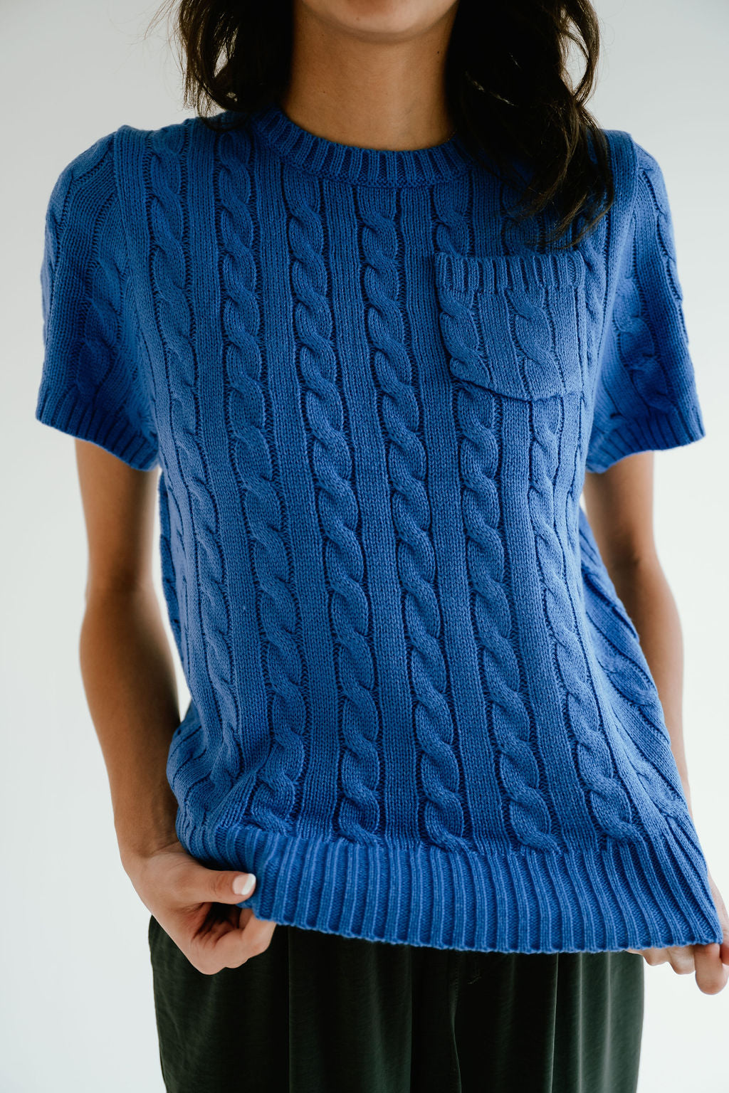 blue cable knit short sleeve top