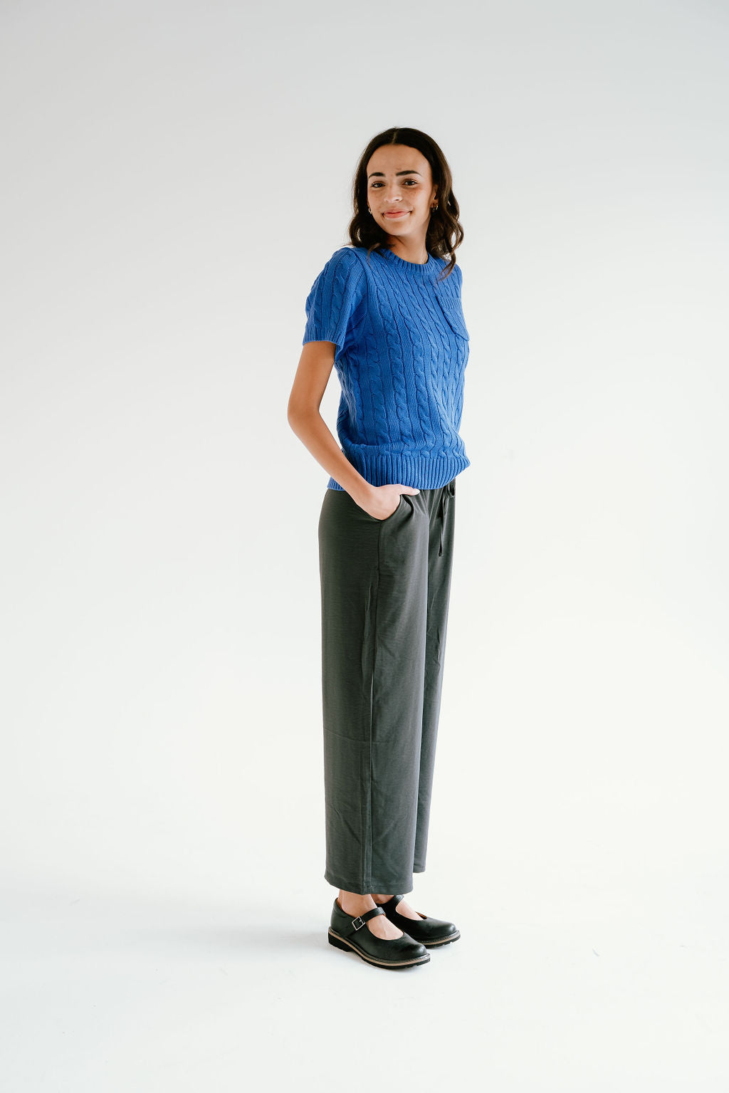 blue cable knit short sleeve top