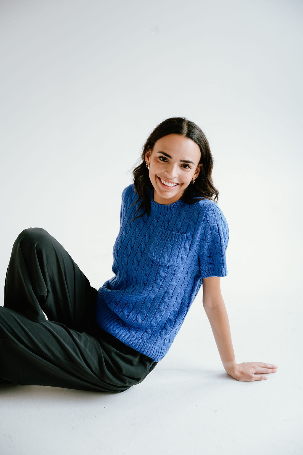 blue cable knit short sleeve top