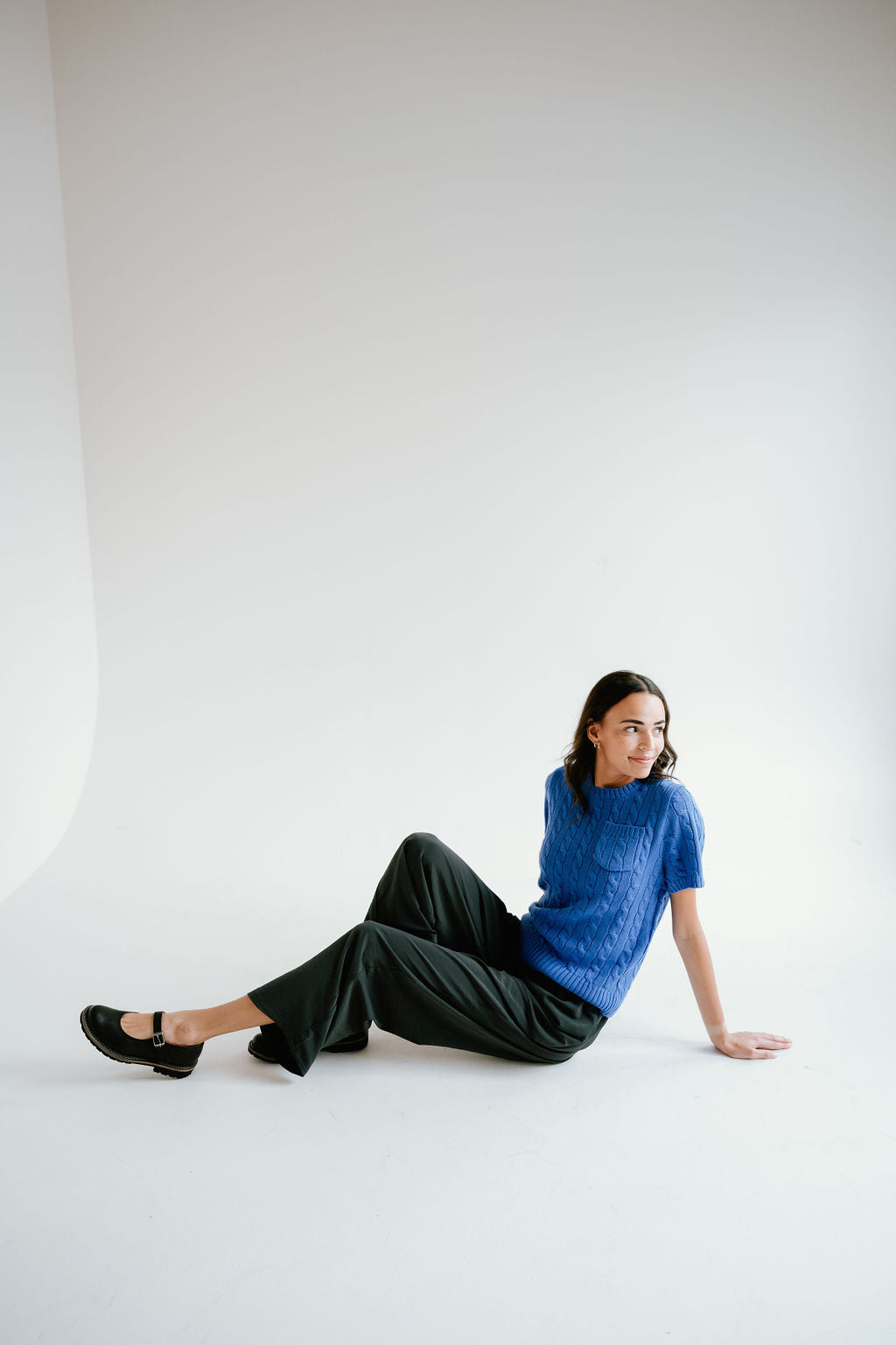 blue cable knit short sleeve top