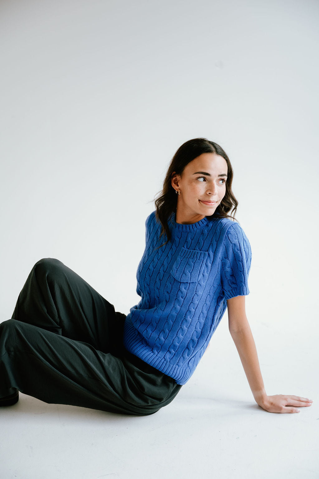 blue cable knit short sleeve top