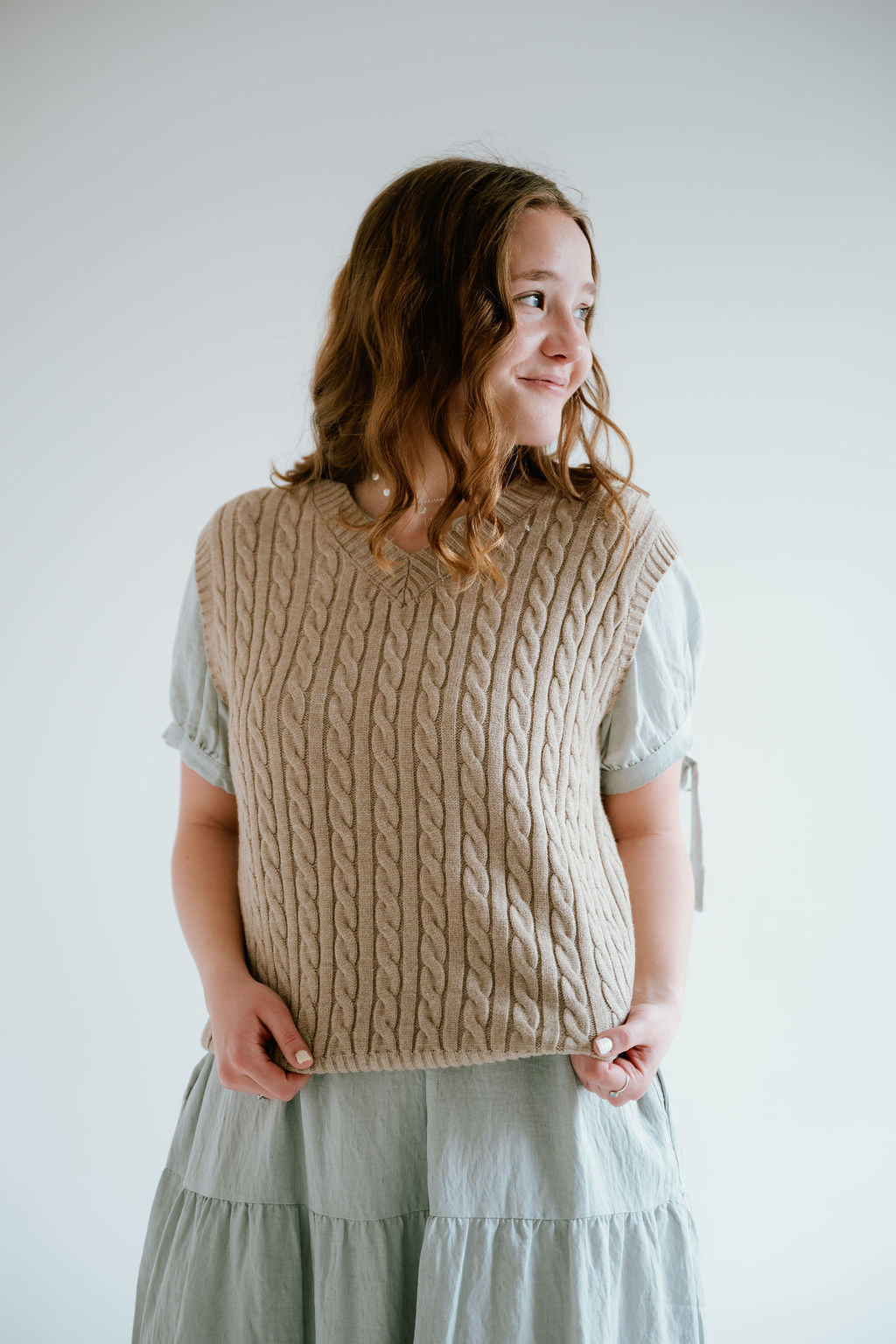 tan cable knit short sleeve top
