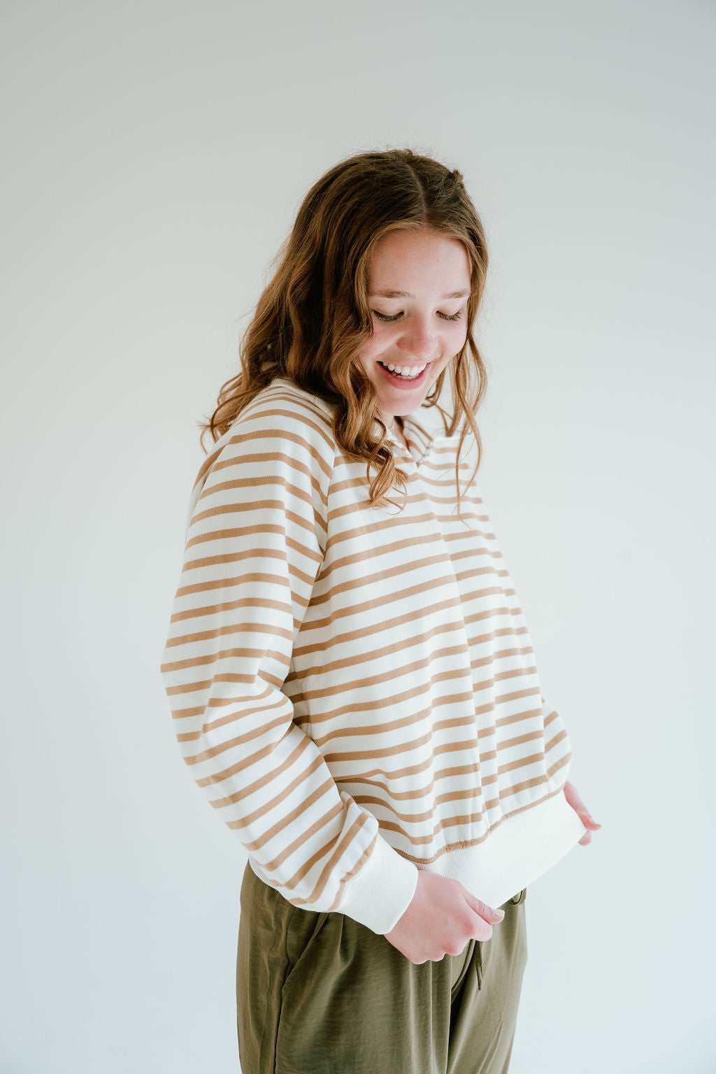 tan striped pattern collared sweatshirts
