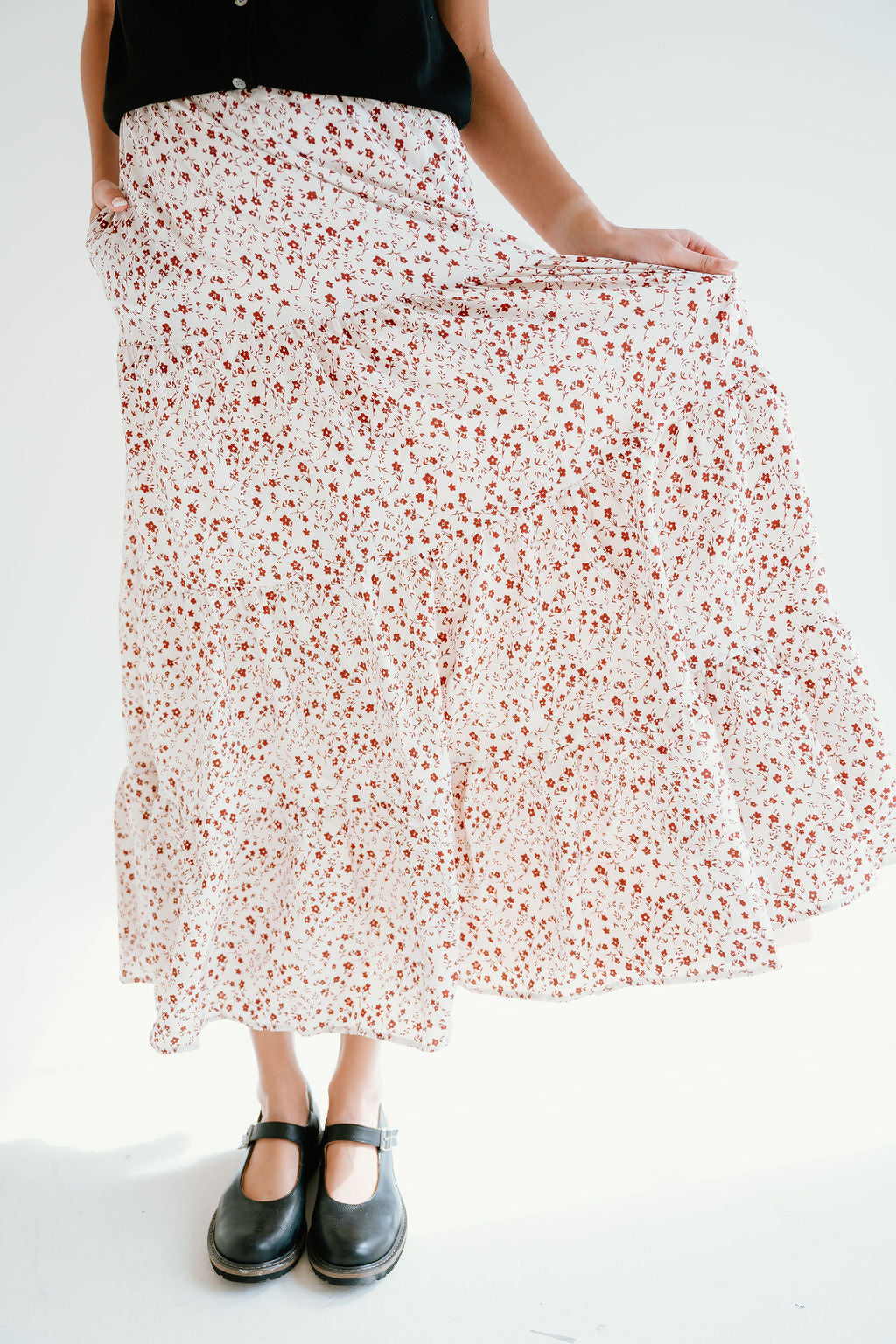 flowy tiered floral midi skirt
