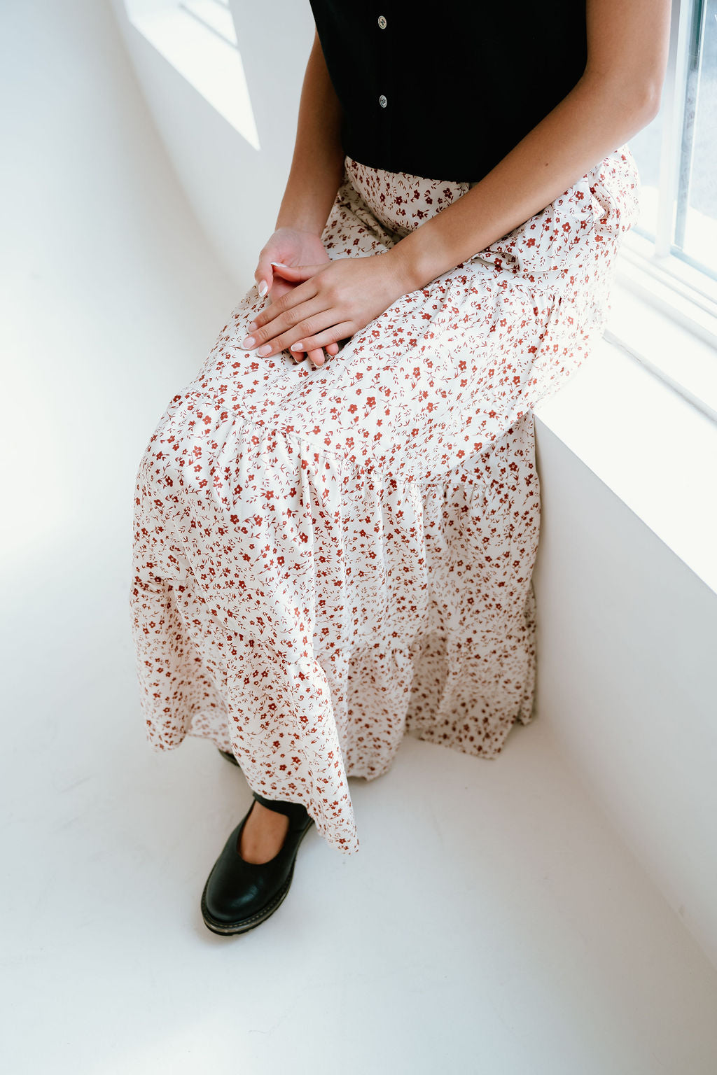 flowy tiered floral midi skirt