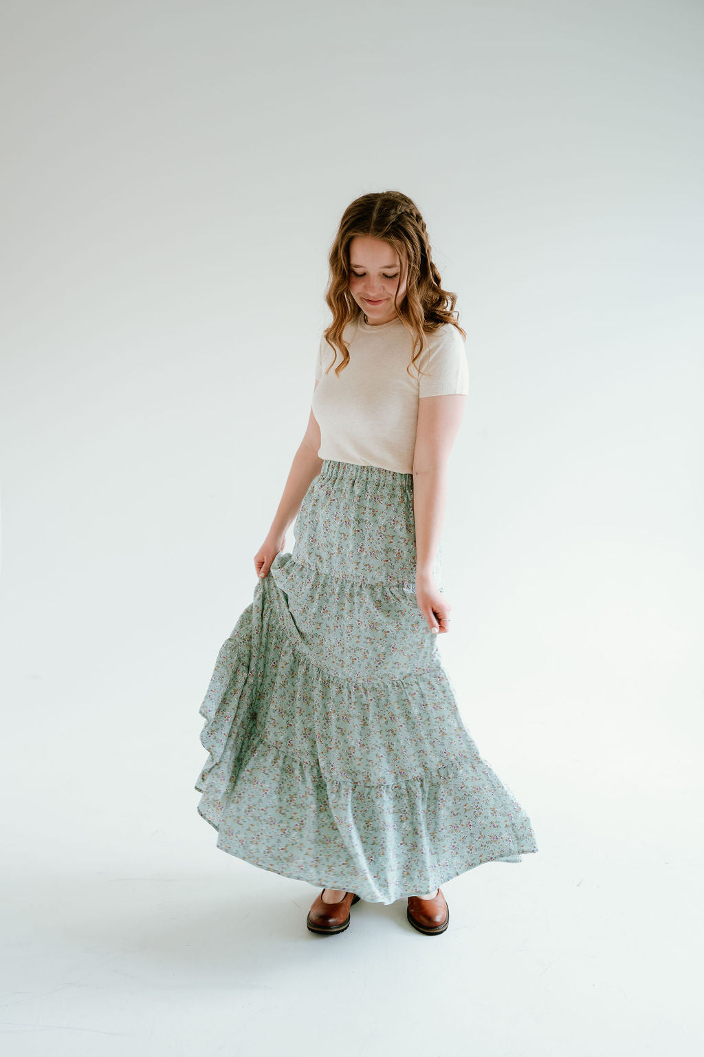 flowy tiered floral midi skirt